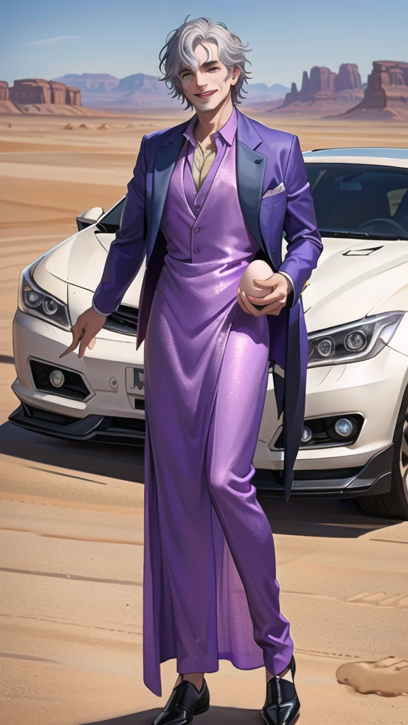 Portrait of a man in his 40s、standing、silver hair、the joker、purple dress , smile , Long body、 、desert background、(holding eggs:1.1) , (drive a car:1.5)