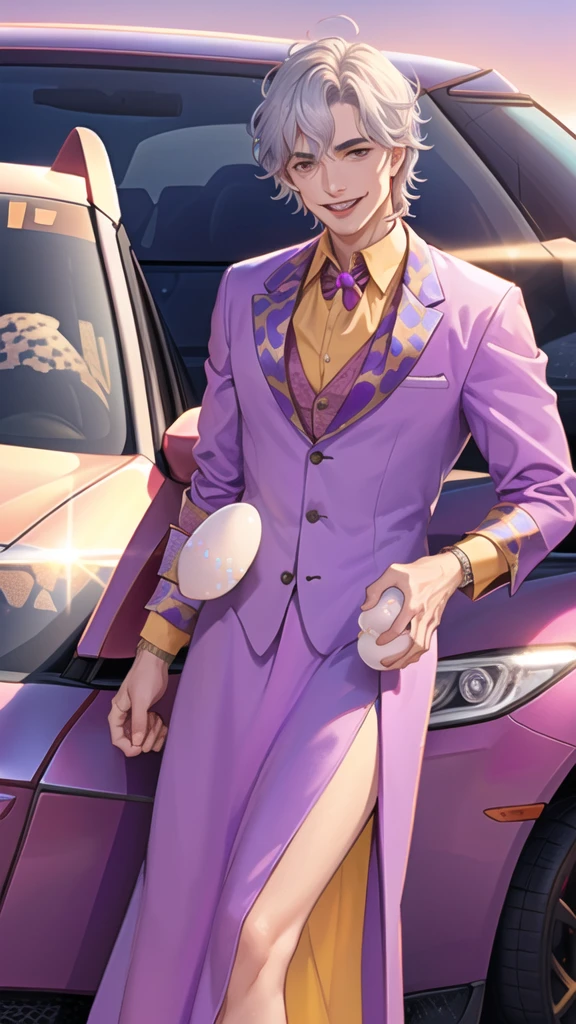 Portrait of a man in his 40s、standing、silver hair、the joker、purple dress , smile , Long body、 、desert background、(holding eggs:1.1) , (drive a car:1.5)