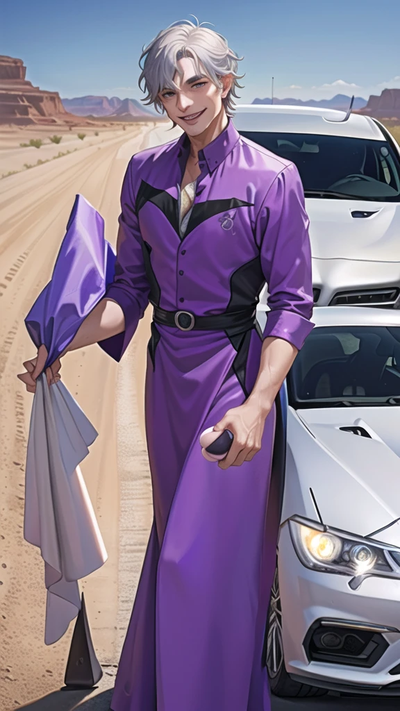 Portrait of a man in his 40s、standing、silver hair、the joker、purple dress , smile , Long body、 、desert background、(holding eggs:1.1) , (drive a car:1.5)