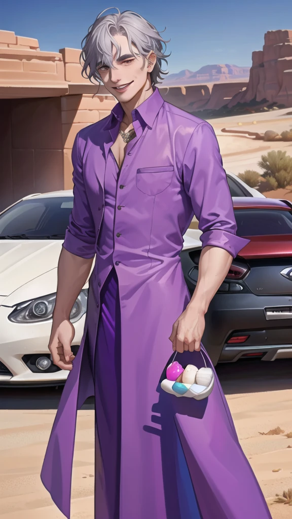 Portrait of a man in his 40s、standing、silver hair、the joker、purple dress , smile , Long body、 、desert background、(holding eggs:1.1) , (drive a car:1.5)