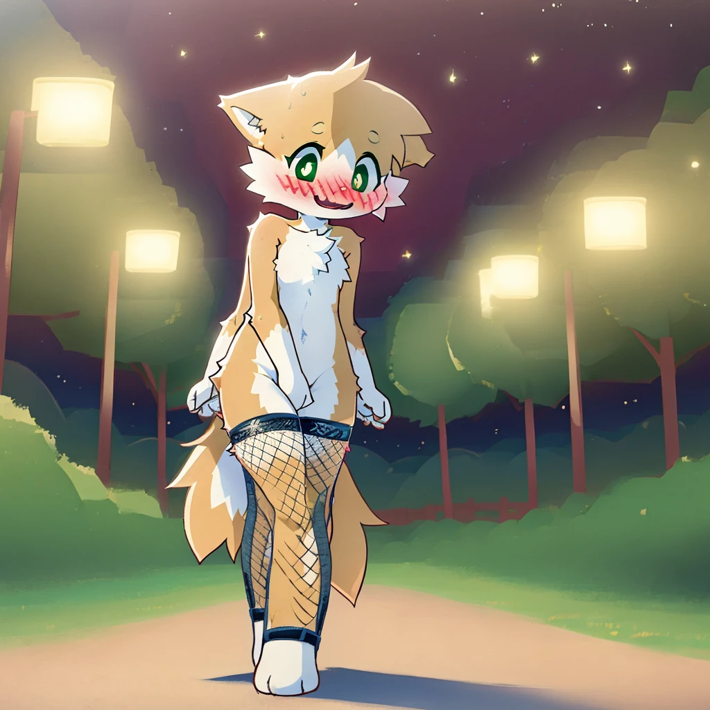 art by dagasi, (solo:1.5), Best Quality, Masterpiece, (Absurdres:), Detailed, Ultra-Detailed, Digital Art, correct anatomy, arms in correct position, full body, (high quality, high res, 4k:1.2), (kid:1.5), (small, youthful), rolo, furry, small, (kid female:1.3), fluffy, light orange fur, green cat eyes, (beautiful eyes), juicy thighs, flushed, embarrassed, small nervous smile, blushing, fluffy tail, eyelashes, slightly enjoying, (naked:1.5), walking through the park, on a very dark night, wearing fishnet stockings, fishnet sleeves