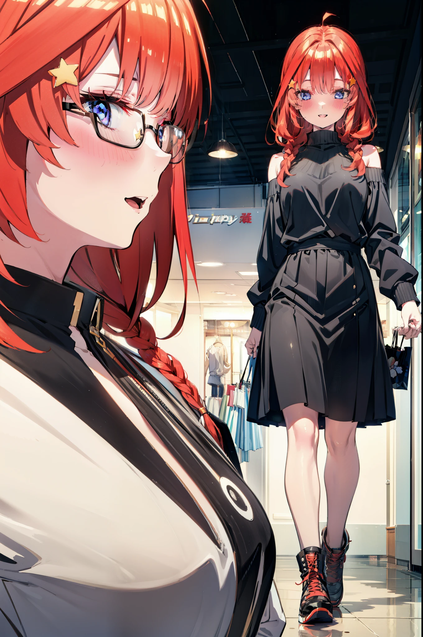 itsukinakano, Itsuki Nakano, bangs, blue eyes, Hair between the eyes, Ahoge, Redhead, star \(symbol\), hair ornaments, star hair ornaments,happy smile, smile, Open your mouth,blush,Akabuchi Glasses,Big Breasts,Long braids,One-shoulder sweater,Long skirt,Black pantyhose,short boots,Daytime,walking,whole bodyがイラストに入るように,crowd, people々々,
break indoors, Shopping mall,
break looking at viewer, whole body,
break (masterpiece:1.2), highest quality, High resolution, unity 8k wallpaper, (figure:0.8), (Beautiful fine details:1.6), Highly detailed face, Perfect lighting, Highly detailed CG, (Perfect hands, Perfect Anatomy),