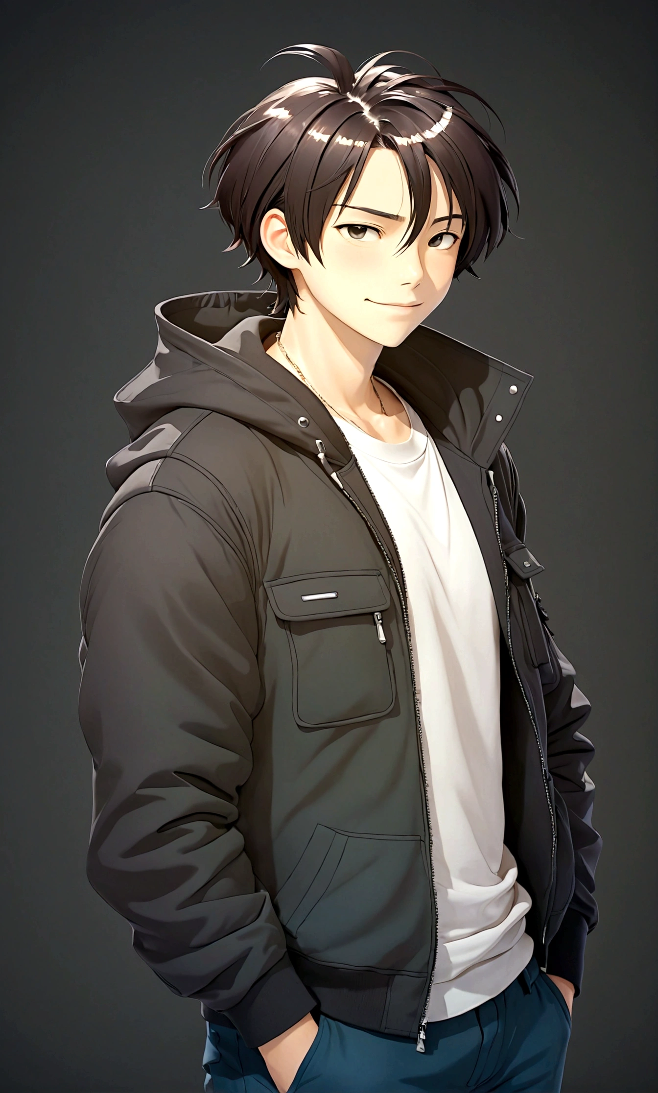 1boy，Black eyes，black hair，White shirt，Cardigan，Black down jacket，hood，hood羽绒，Male focus，solo，Upper Body