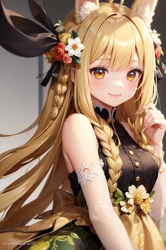 1girl, solo, long hair, looking at viewer, smile, bangs, blonde hair, hair ornament, holding, animal ears, light blonde eyes, upper body, braid, flower, hair flower, bunny ears , twin braids, lips, animal, watermark , rabbit, head crown, holding animal, flower crown Sitting on a rock