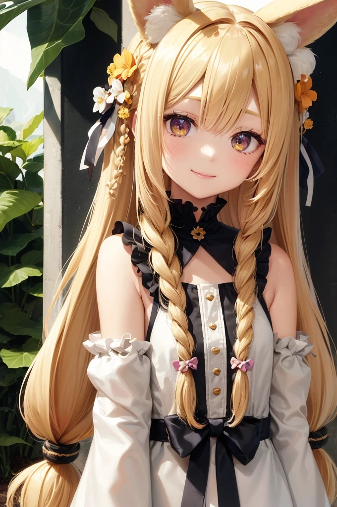 1girl, solo, long hair, looking at viewer, smile, bangs, blonde hair, hair ornament, holding, animal ears, light blonde eyes, upper body, braid, flower, hair flower, bunny ears , twin braids, lips, animal, watermark , rabbit, head crown, holding animal, flower crown Sitting on a rock