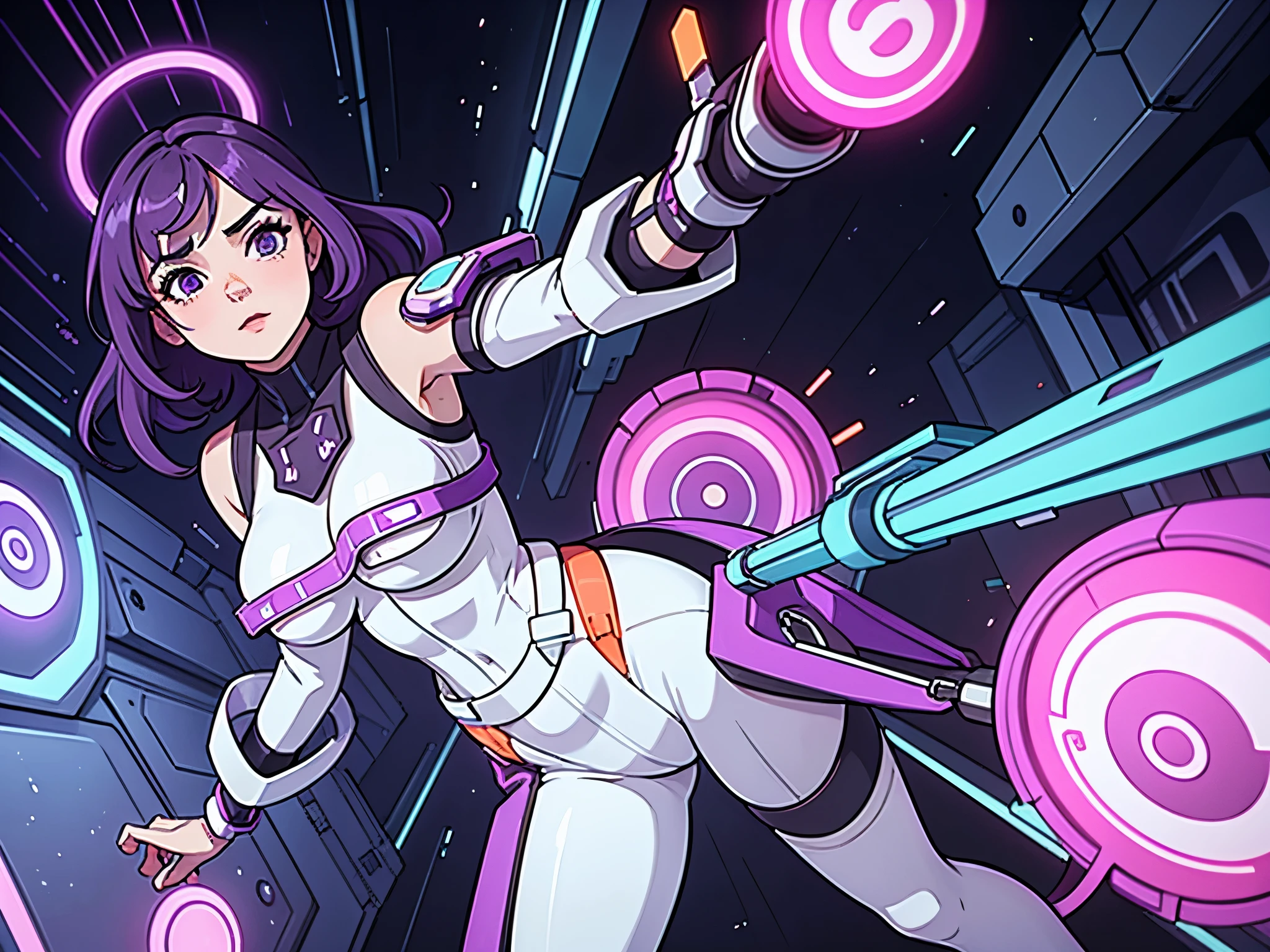 girl with violet hair, white and orange futuristic power suit, big hips, moderate breasts, futuristic white background, cyan and fuchsia neon lights, dynamic lighting, high definition.
