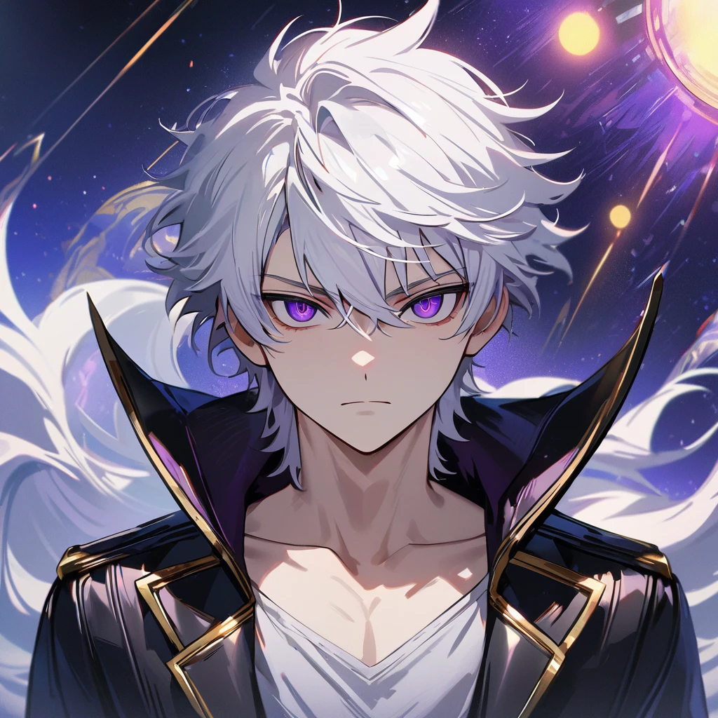 High quality, HD, 4k, handsome male, 1male, 17 years old, teenager, golden lining, short white hair, sharp eyes, dark purple eyes, deep purple eyes, devil may cry, close up, calm expression, stoic expression, black leather clothes, lean body, upper body, looking at viewer, cowboy shot, white solar, space background