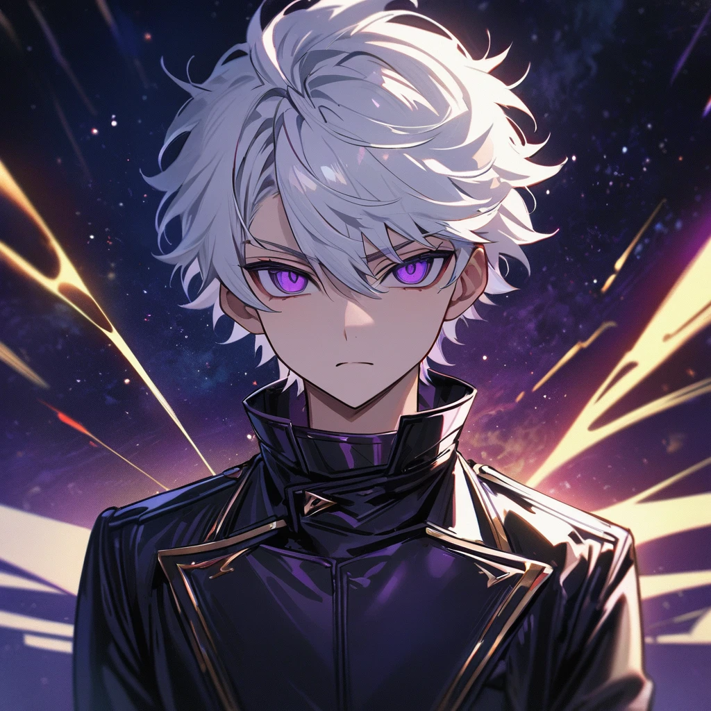 High quality, HD, 4k, handsome male, 1male, 17 years old, teenager, golden lining, short white hair, sharp eyes, dark purple eyes, deep purple eyes, devil may cry, close up, calm expression, stoic expression, black leather clothes, lean body, upper body, looking at viewer, cowboy shot, white solar, space background