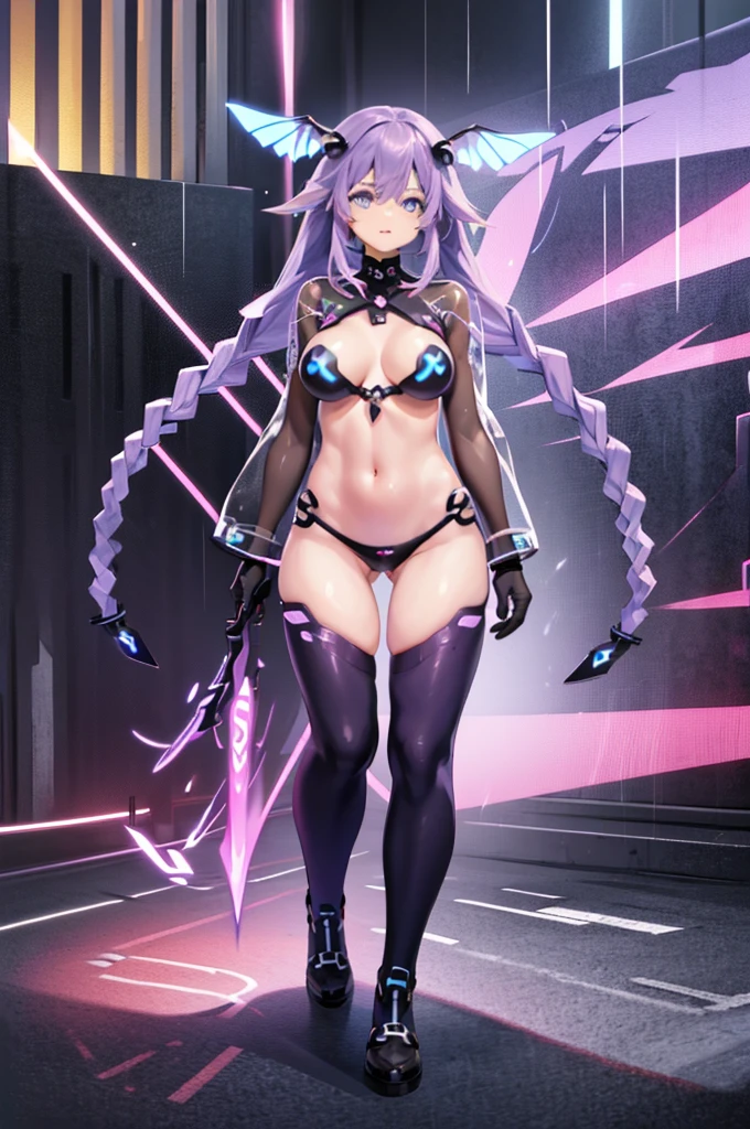 highest quality, 8k, High resolutionアート, High resolution, Super detailed, Very detailed, Cyberspace, (Natural standing posture), (Purple white gradient twin long braided hair:1.2), Cyber Costume, Sci-Fi Costumes, Shine, two piece bikini, (bare belly), digital bodysuit, shoulder gloves, cyber costumes, (fairy wings, wings, digital wings, cyber wings, detached wings), fractal wings, thong, large breasts, wide hips, (perfect body proportions), see-through clothes, crop top, sheer clothes, transparent clothes, transparent poncho, transparent jacket, rain clothes, poncho