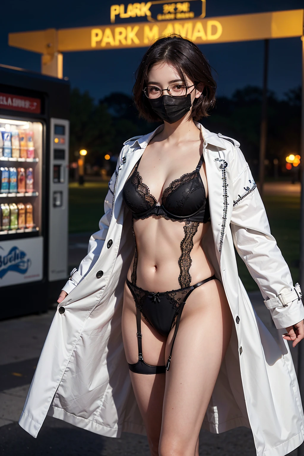 (realistic),(((black obscene lingerie, delicate lace embroidery, very very see-through lingerie))), ((black mask)), D-cup bust, early 30s, medium to short hair, (round face, centrifugal face), beautiful forehead, big eyes, brown hair, very cool, ((short stature, infantile build, Chubby)), whole body, ((Embarrassed expression, blushing)), cute face, (High Resolution, Highest Resolution, Ultra Definition, Masterpiece, top quality), (park, night, midnight, moonlight, extremely dark, no brightness, dark, crowd, park with playground equipment), ((vending machine)), (Exhibitionist, shameful play), trying to hide your skin, masterpiece, 8k, best quality, (beautiful five fingers), best quality, masterpiece, best quality, ((NSFW)), faint brightnes, ((white trench coat)), (((Show only to viewers, During shameful exposure play)), ((super long distance shooting)), (black thick glasses)