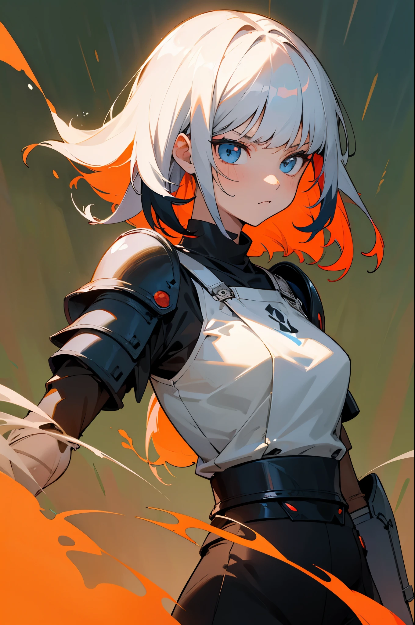 multi-color haired, two toned hair, young female, water in the background, surrounded by grass, lava background, white shirt, bangs covering head, medium length hair, black pants, one female, lean build, upper body, serious face, armor padding on body