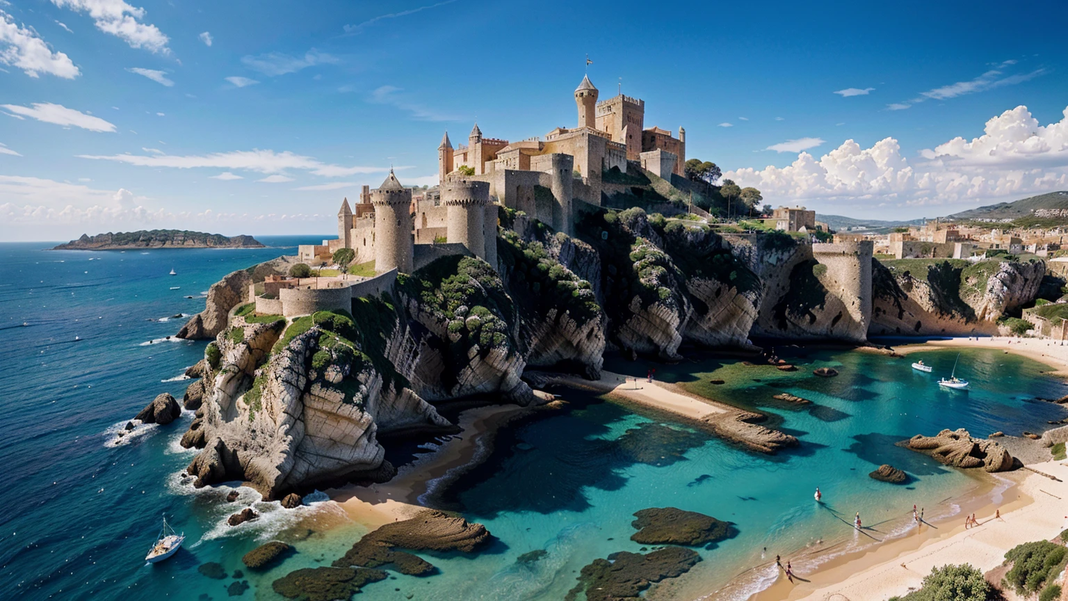 a medieval castle on the coast of Ibiza, Spain, detailed architecture, boats, yachts and people in a vibrant atmosphere, (best quality,4k,8k,highres,masterpiece:1.2),ultra-detailed,(realistic,photorealistic,photo-realistic:1.37),landscape,dramatic lighting,vibrant colors,cinematic composition,intricate details
