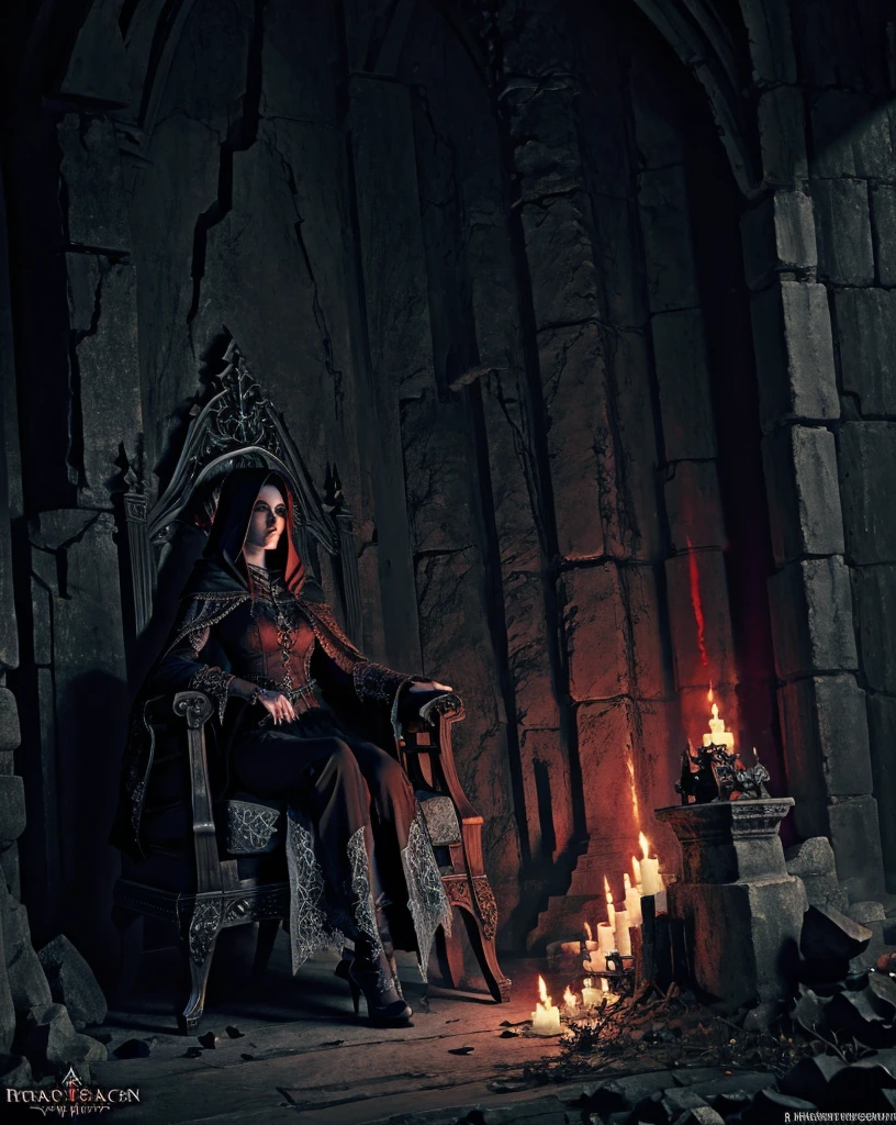 (best quality), (masterpiece), (high resolution), [:intricate details:], (detailed background) Ashely Graham, a hooded woman sitting on a throne with skulls around her, she has red eyes,her outfit has red color, her skin is white like a vampire, dark fantasy art, vampire queen, gothic fantasy art, dark sorceress, dark fantasy style art, epic fantasy art style hd, evil sorceress, necromancer sorceress, dark fantasy art, beautiful necromancer, (sage aura effect around the throne)