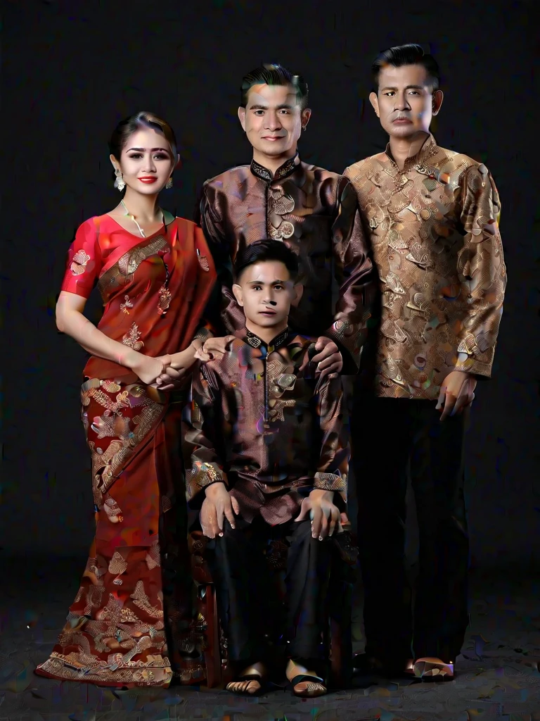 Indonesian family studio photo portrait father (height 160cm, age 60 years) mother (height 150 cm age 50 years) elegant batik clothes placed in the front center. between father and mother there is a daughter (height 165cm age 29 years), the first son (height 170cm age 35 years) on the right edge second there is a boy (height 165cm age 31 years) left edge, center of the 4th (height 168cm age 27 years) and the 5th son (height 170cm age 35 years) wearing casual clothes with a wall decoration background.