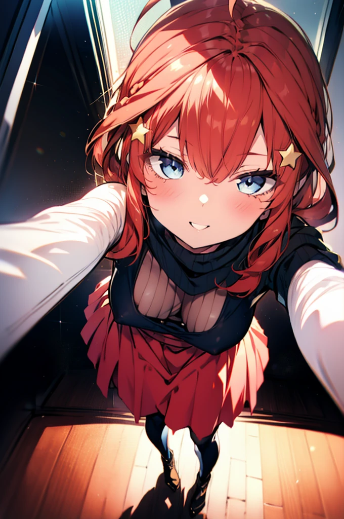 itsukinakano, Itsuki Nakano, bangs, blue eyes, Hair between the eyes, Ahoge, Redhead, star \(symbol\), hair ornaments, star hair ornaments,happy smile, smile, Open your mouth,blush,Akabuchi Glasses,Big Breasts,Long braids,One-shoulder sweater,Long skirt,Black pantyhose,short boots,Daytime,walking,whole bodyがイラストに入るように,crowd, people々々,
break indoors, Shopping mall,
break looking at viewer, whole body,
break (masterpiece:1.2), highest quality, High resolution, unity 8k wallpaper, (figure:0.8), (Beautiful fine details:1.6), Highly detailed face, Perfect lighting, Highly detailed CG, (Perfect hands, Perfect Anatomy),