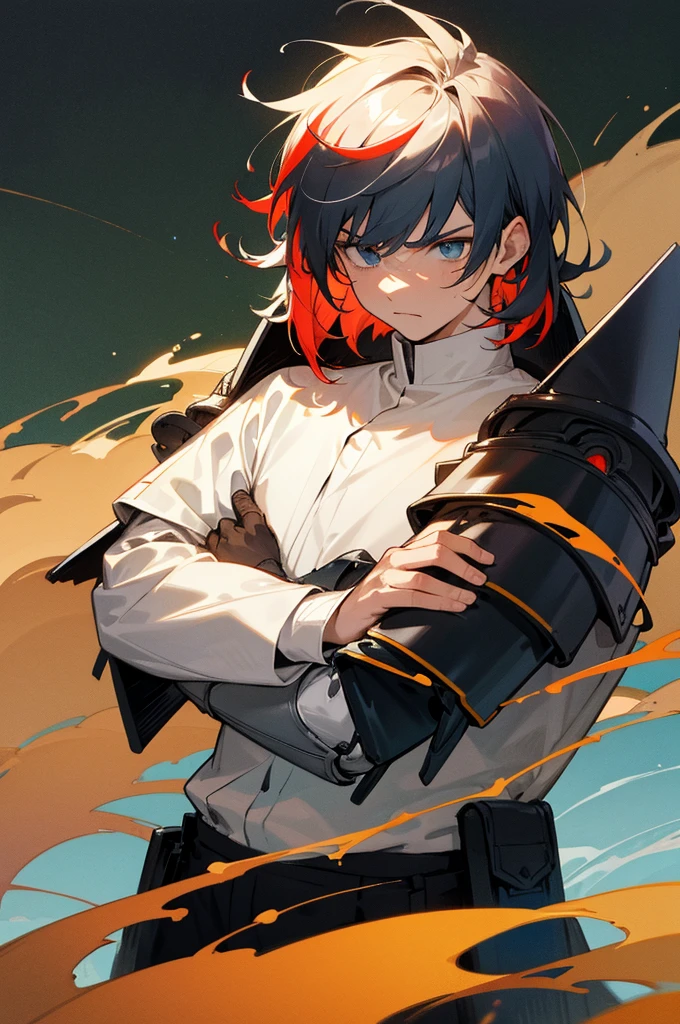 multi-color haired, two toned hair, young male, water in the background, surrounded by grass, lava background, white shirt, bangs covering head, medium length hair, black pants, one male, lean build, upper body, serious face, armor padding on body