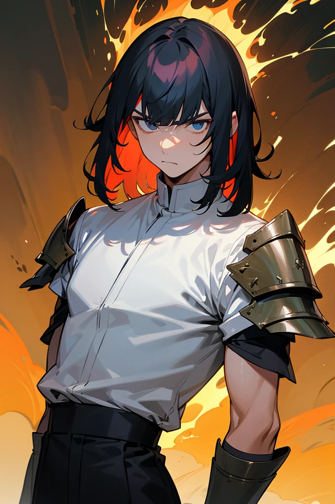 multi-color haired, two toned hair, young male, water in the background, surrounded by grass, lava background, white shirt, bangs covering head, medium length hair, black pants, one male, lean build, upper body, serious face, armor padding on body