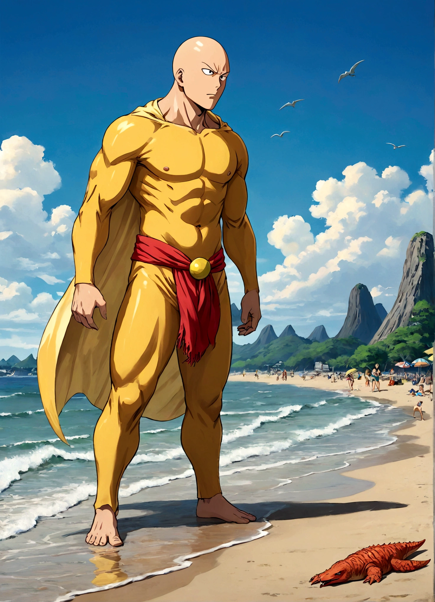 Saitama, dressed like a beach bum, is trying to enjoy a day at the beach when Kaiju begin emerging from the sea
