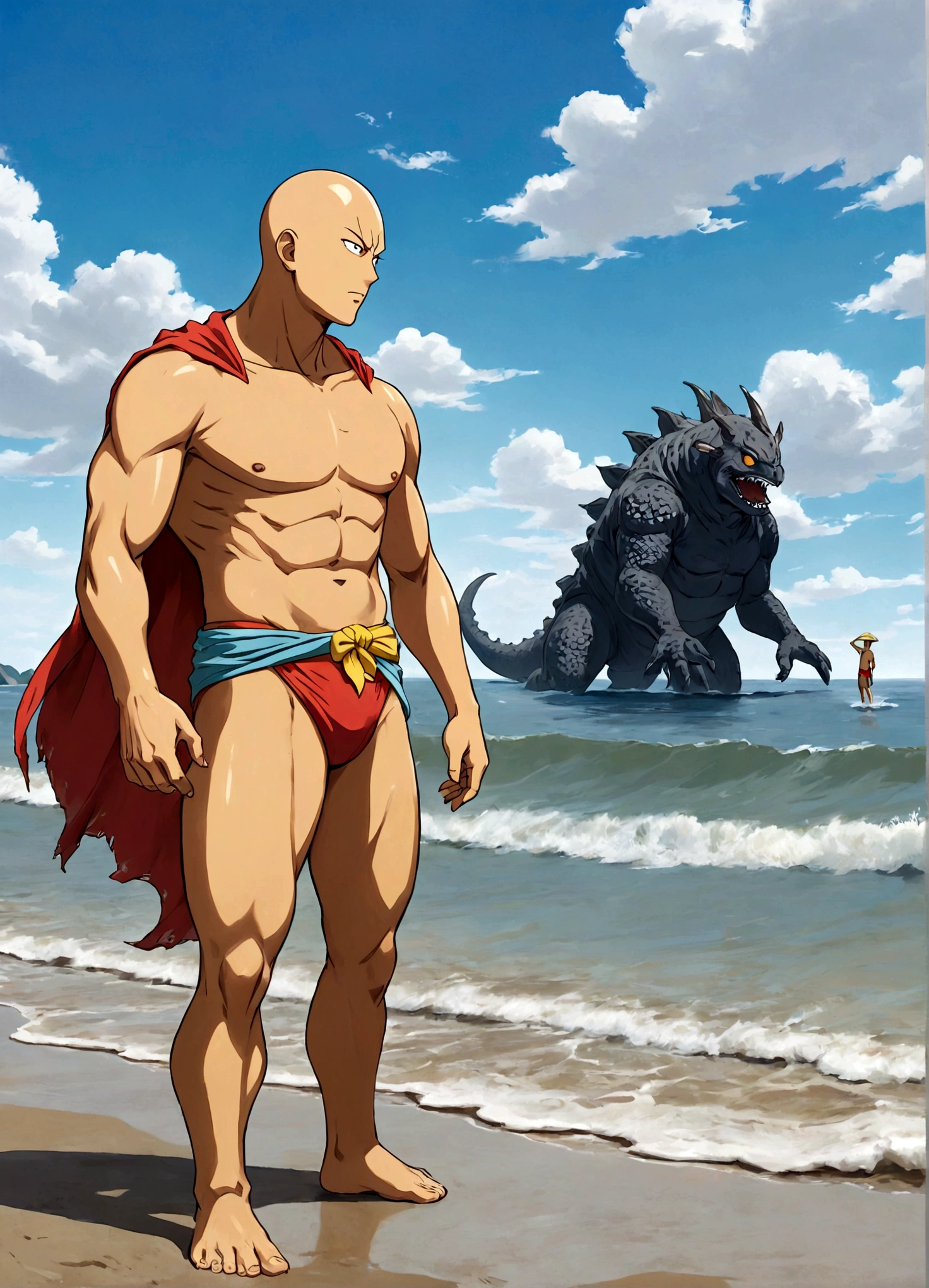 Saitama, dressed like a beach bum, is trying to enjoy a day at the beach when Kaiju begin emerging from the sea