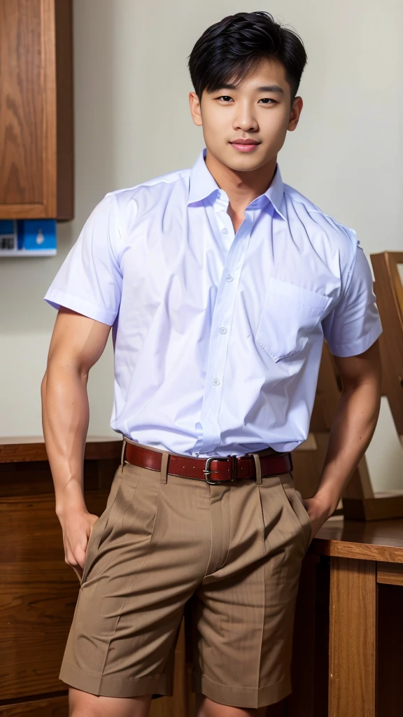 Masterpiece, best quality, High quality, วอลล์เปเปอร์ CG unity 8k ที่มีvery detailed, depth of field, HDR,,photorealistic,very detailed, 1 man sitting on a chair, Asia, black short hair, , (Thai , white shirt), Blue cargo shorts, chest muscles, Big arm muscles, blood vessel, big muscles, Broad shoulders, looking at the audience, Balancing the eyes, (Make eye contact)
