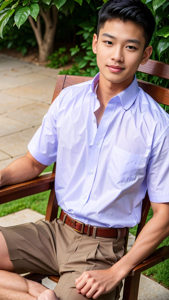 Masterpiece, best quality, High quality, วอลล์เปเปอร์ CG unity 8k ที่มีvery detailed, depth of field, HDR,,photorealistic,very detailed, 1 man sitting on a chair, Asia, black short hair, , (Thai , white shirt), Blue cargo shorts, chest muscles, Big arm muscles, blood vessel, big muscles, Broad shoulders, looking at the audience, Balancing the eyes, (Make eye contact)