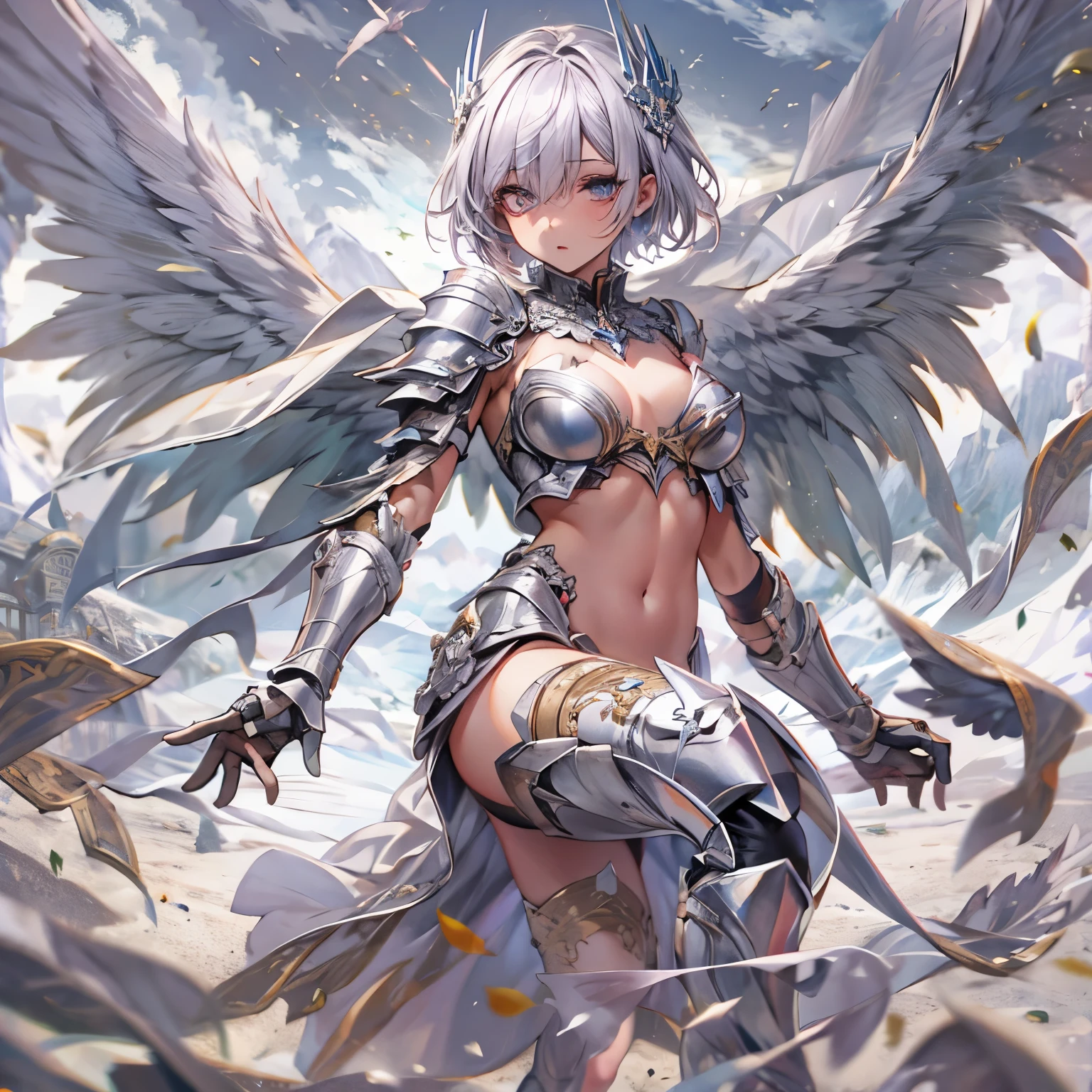 nsfw,fantasy, 1angel_girl,very_young_teen, ,silver_hair, short_hair, long_bangs, halo,bare_shoulder,thighhighs,silver_armor, waist_armor, large_breasts,half_eyes,1pair_wings, dynamic_pose_fighting,floating, bare_crotch, headgear,gauntlet, greaves,city_background,slightly_spread_legs, solo, groin_naked,tan_skin,hair_over_one_eye,