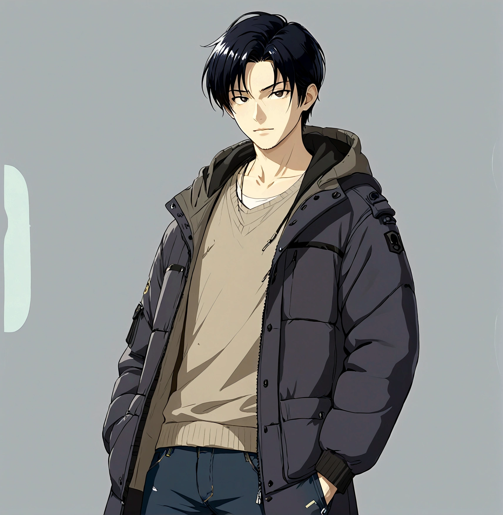 1boy，Black eyes，black hair，White shirt，Cardigan，Black down jacket，hood，hood羽绒，Male focus，solo，Upper Body