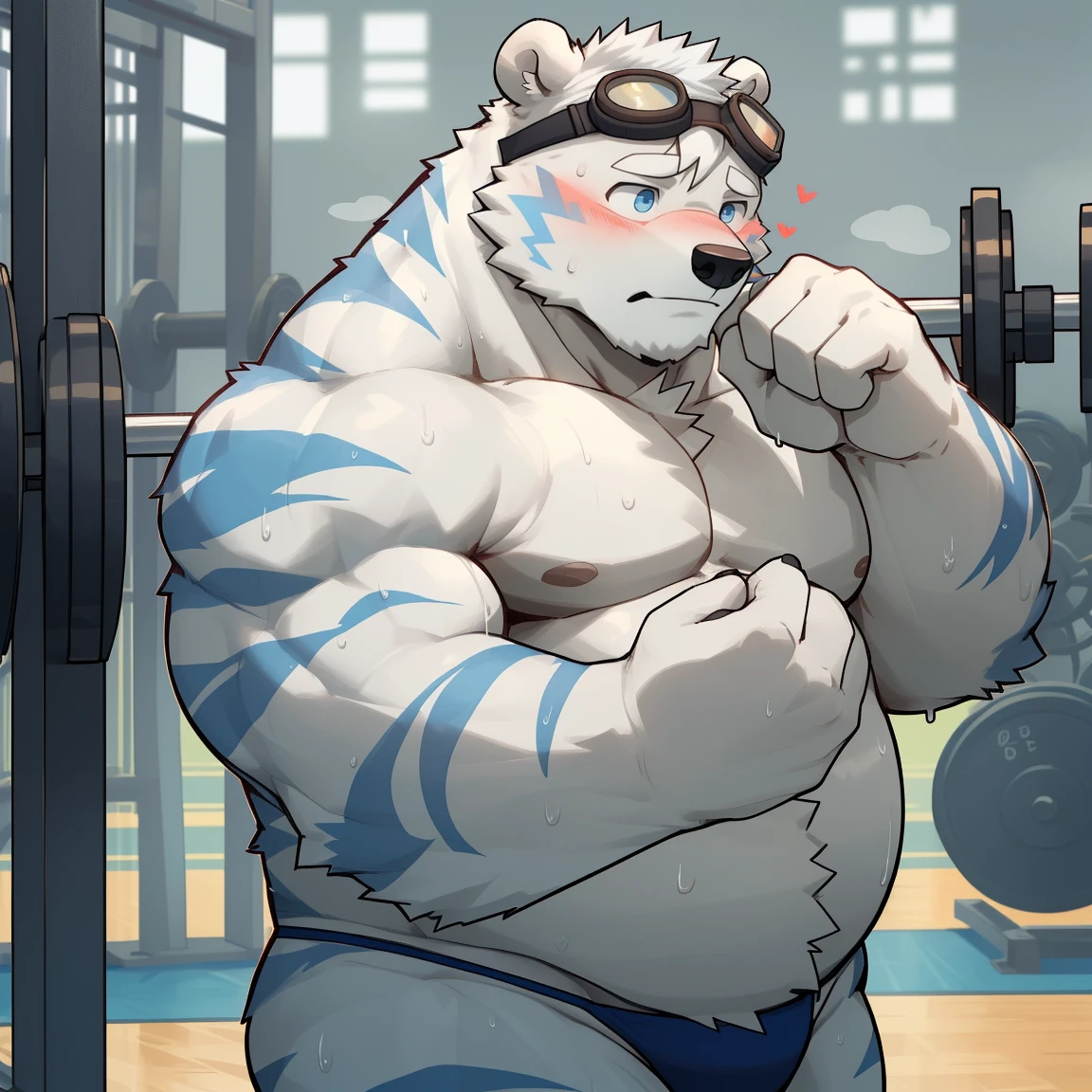 masterpiece, best quality, 8k resolution, Very detailed, hairy,(((polar bear)),(((Mature))),(((Strong))),(((White hair all over body))),portrait,(((blue eyes))),(((White hair))),(((body blue stripes))),(((Gym))),For the audience,(((Hold the barbell in your hand))),Highest quality scene,Solitary,solitary,(((whole body))),(((Sweating))),((Half-squatted)),(((thong))),(((Shirtless))),((Fat-enclosed muscle)),(((Shameful))),((Blushing)),(((Round face))),(((alone))),((goggles)),(((Strong body)))