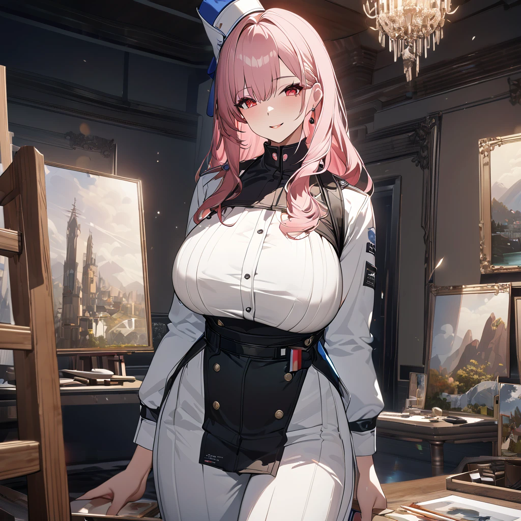 A woman wearing a professional painter's outfit, inside a painting workshop with several paintings, with painting items, painter's hat, pink hair, long hair, red eyes, smiling, big breasts, a very detailed and elegant place,UHD , work- prime, precise, anatomically correct, textured skin, super details, high quality, best quality, 8k, high resolution, bokeh effect. (woman alone)
