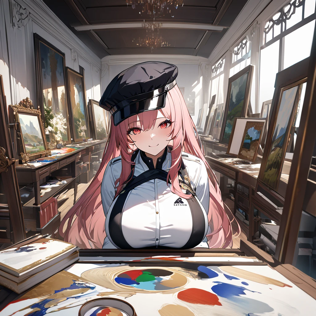 A woman wearing a professional painter's outfit, inside a painting workshop with several paintings, with painting items, painter's hat, pink hair, long hair, red eyes, smiling, big breasts, a very detailed and elegant place,UHD , work- prime, precise, anatomically correct, textured skin, super details, high quality, best quality, 8k, high resolution, bokeh effect. (woman alone)
