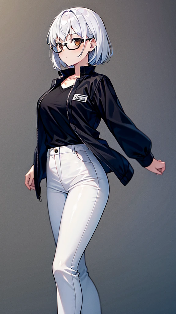 Masterpiece, 1girl, solo, female, white hair, white shirt, black pants, black jacket, short hair, brown eyes, perfect body, cowboy shot's, standing, perfect arms, perfect leg, glasses