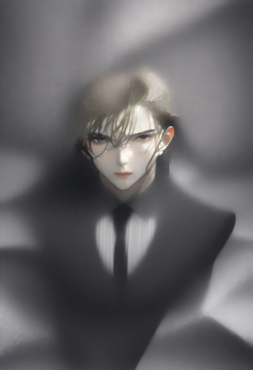 1 Male: Wet white long hair, swept bangs, ((Golden eyes looking up at the sky)), Black clothes, it's raining, I tilt my head and look up at the dark sky., anime-inspired illustration of a male character with long, flowing white hair and cat ears. He has a stern, dignified expression with piercing golden eyes that have a sharper, more intense look, reflecting a strong-willed and determined personality. His long hair flows naturally, with strands delicately outlined and softly shaded to create a realistic yet stylized appearance. He appears to be around 30 years old, with mature and defined features, exuding a sense of adult calmness and ruthlessness, similar to Sephiroth. He is wearing a dark, partially open kimono that reveals his well-defined chest, with intricate patterns and textures on the fabric to add richness to the clothing. The kimono should have traditional Japanese designs, including subtle floral motifs and elegant, gold-trimmed edges. The background is a soft, light gradient that accentuates the character's features without distracting from them, with a slight blur effect to give a sense of depth. The lighting is soft and natural, casting gentle shadows that enhance the contours of his face and body. His ears are slightly furry, with a realistic texture that blends seamlessly with his hair. The overall art style should include delicate line work and soft shading, focusing on clean lines, realistic yet stylized features, and subtle gradients and textures to create a polished and aesthetically pleasing appearance. The character should have a normal neck length and a broader jawline to ensure more balanced proportions. He should also appear to be around 190 cm tall. The image should be in 4K resolution, masterpiece quality, and of the highest standard, capturing every detail with precision and care.