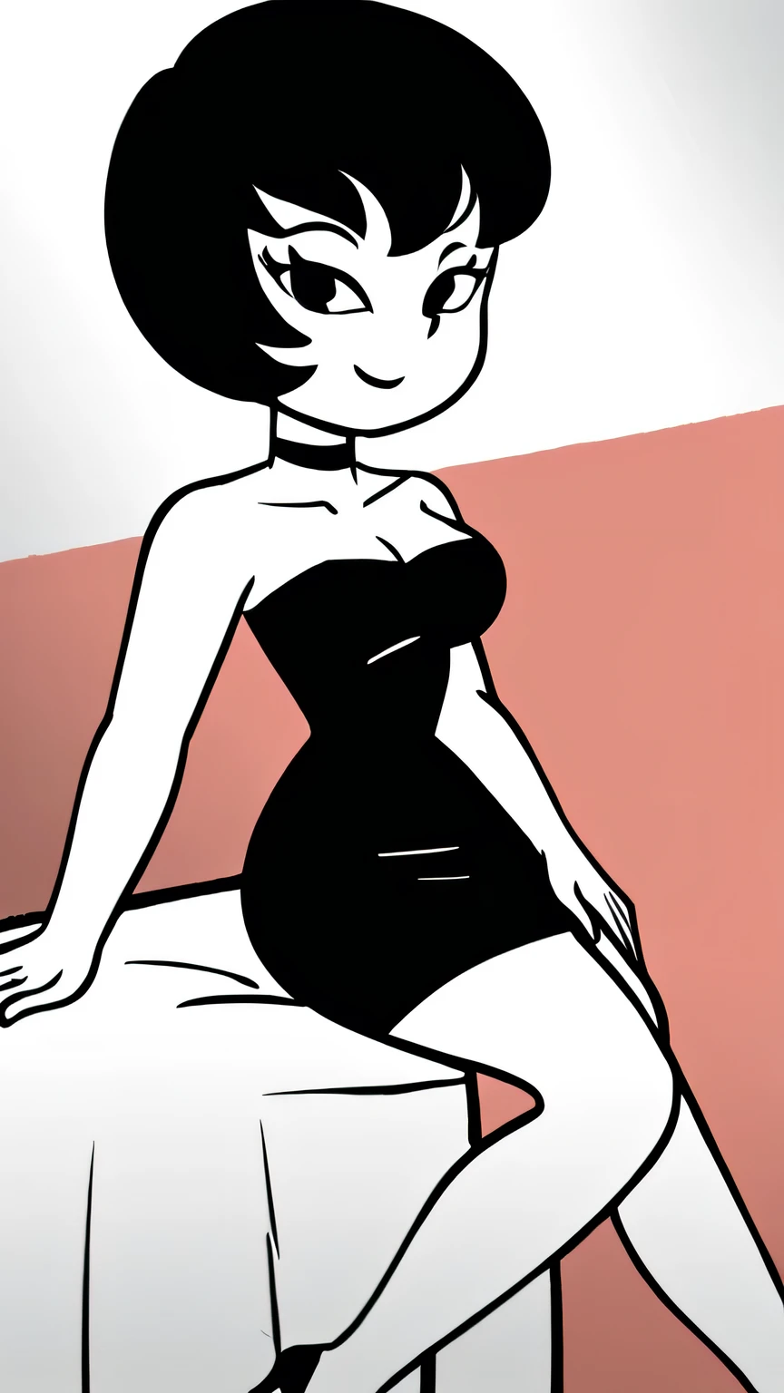 Jucika, digital media, black eyes, black hair, short hair, flat color, flat graphic style, white skin, zPDXL, best quality, amazing quality, score 9, 1girl, collarbone, strapless black tube dress, black chocker, seductive smile, looking at viewers, black high heels, lying in bed, cowboy shot