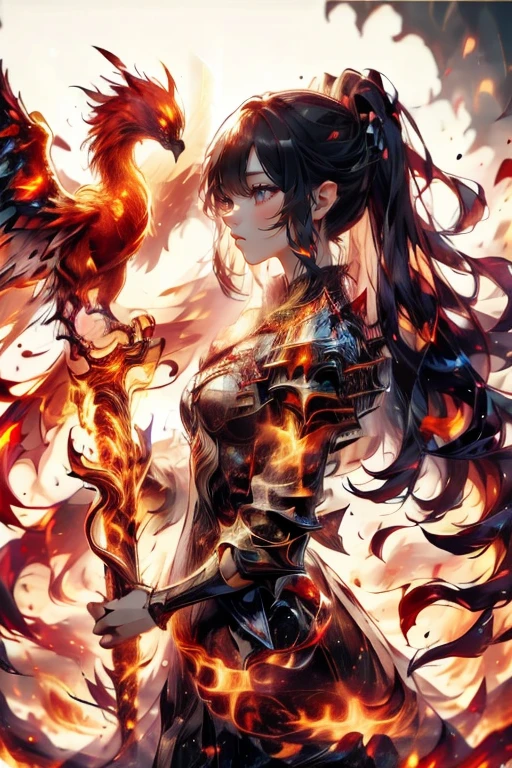 1girl,she has red eyes,brilliant,phoenix,fire,flare,around fire aura, explosionmagic,she holding sword,she is warrior,knight,