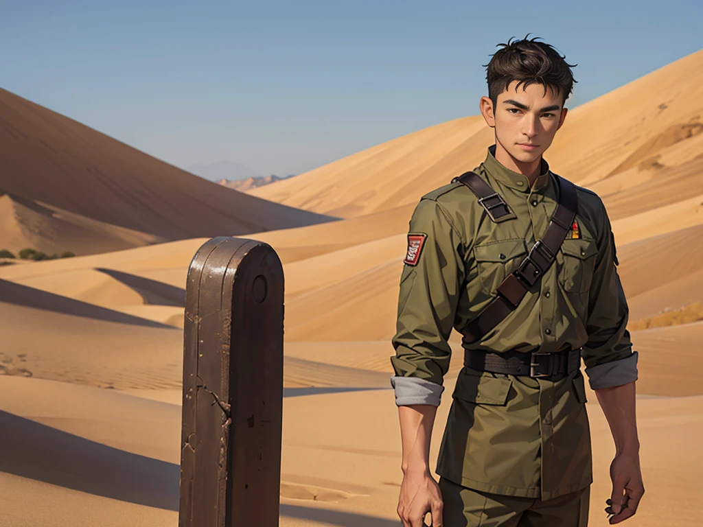 Portrait of a man in his 40s、standing、 half body soldier、Long body、 、desert background、