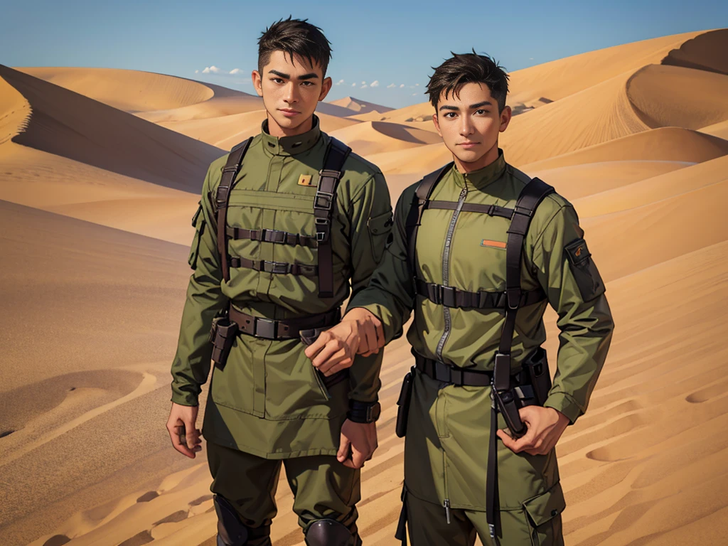 Portrait of a man in his 40s、standing、 half body soldier、Long body、 、desert background、