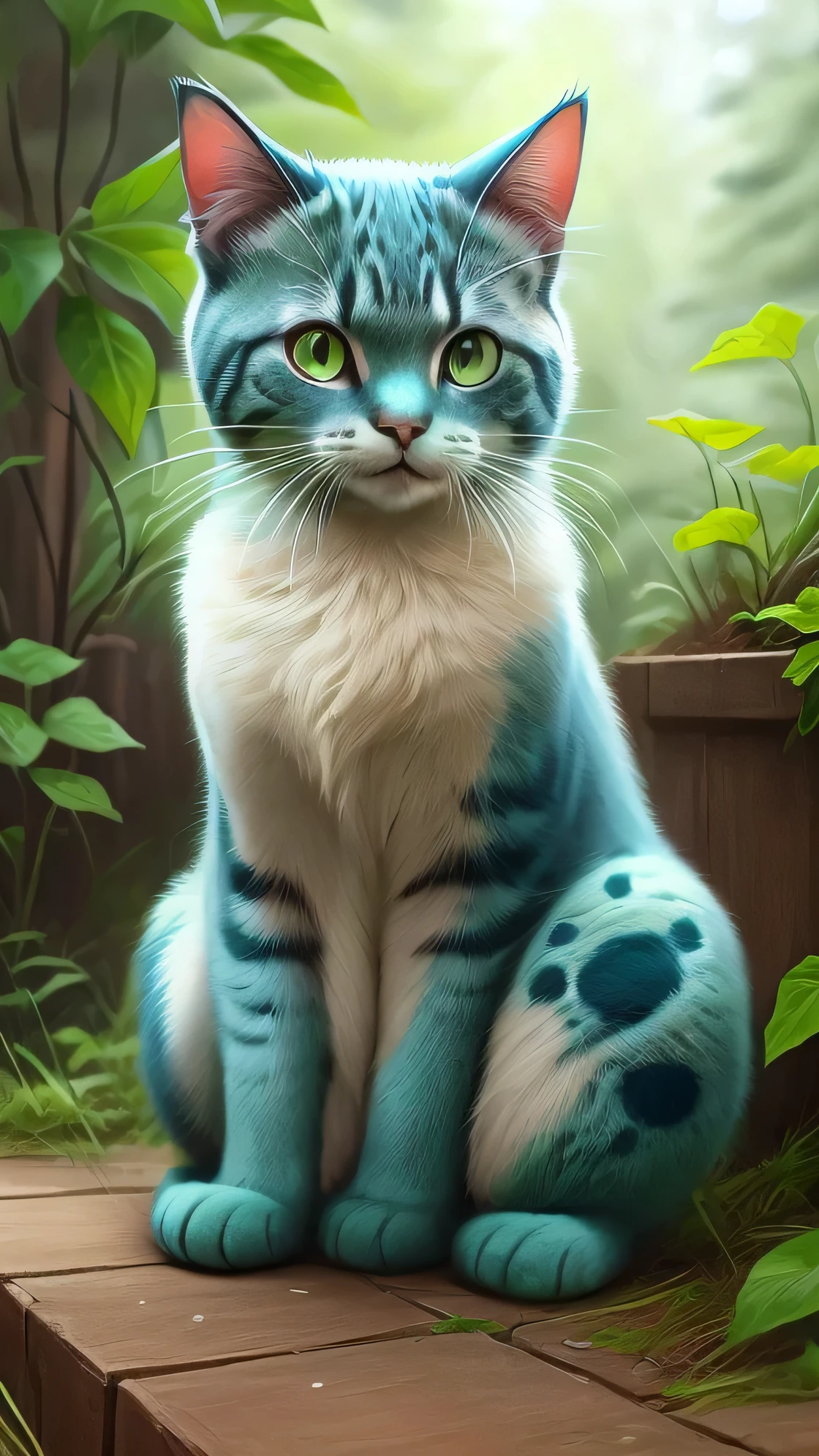 There is a cat with blue spots and green plants., Bulbasaur, realistic Anime Cat, Furry fantasy art, an Anthropomorphic cat, Anime Cat, Anthropomorphic cat, Anthropomorphic cat, anthropomorphic female cat, Forest Cat, Real Life Totoro, Cute and detailed digital art, Adorable digital painting, Realistic painting