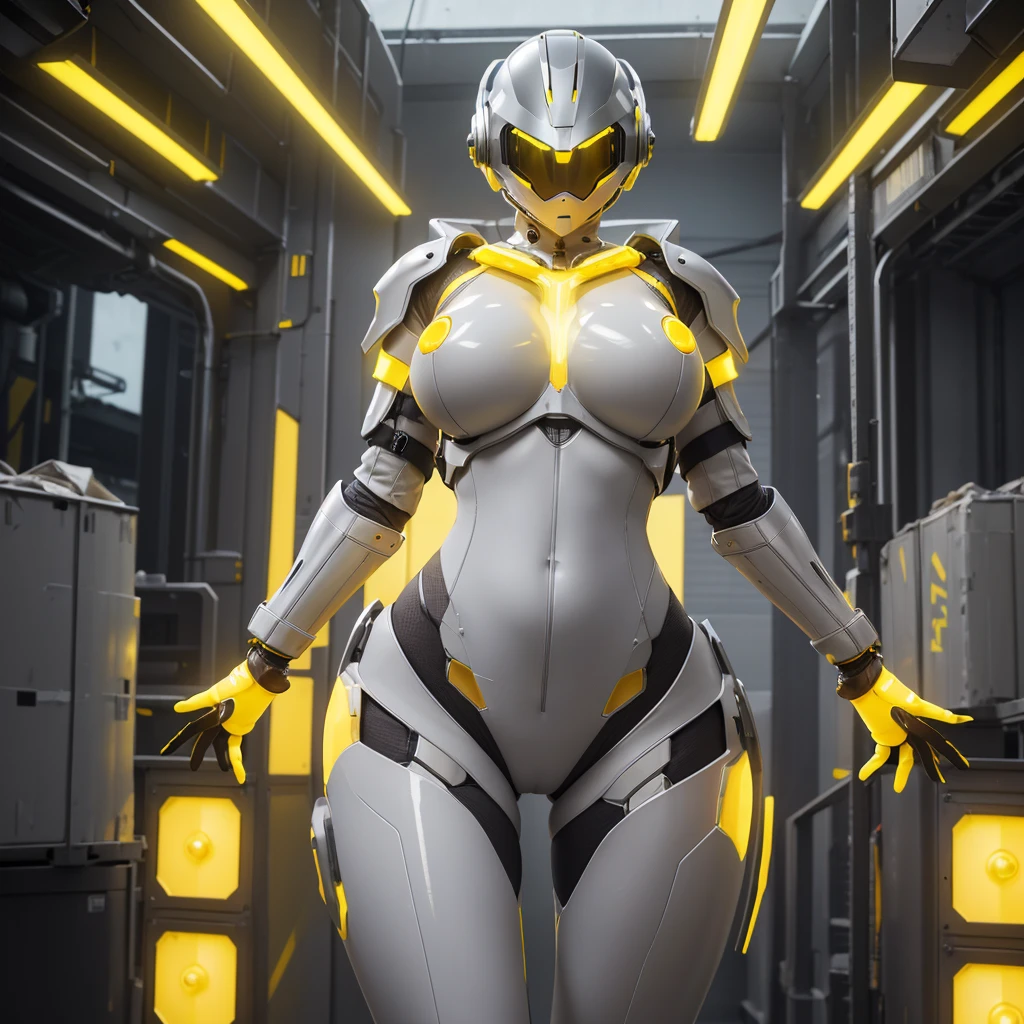 (masterpiece), (best quality), (high res) Solo, (perfect anatomy) Dronificated unknown woman , (enclosed gray full body armor) (yellow lights) (yellow glowing core in the chest), (enclosed cyber helmet), (yellow screen), huge breast, narrow waist, wide hips and thick thigs, in a storage, (no face) no face, no hair, no mouth, no eyes, in a factory
