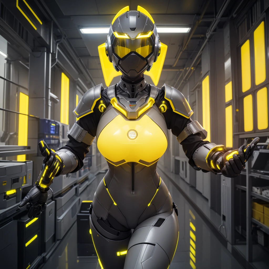 (masterpiece), (best quality), (high res) Solo, (perfect anatomy) Dronificated unknown woman , (enclosed gray full body armor) (yellow lights) (yellow glowing core in the chest), (enclosed cyber helmet), (yellow screen), huge breast, narrow waist, wide hips and thick thigs, in a storage, (no face) no face, no hair, no mouth, no eyes, in a factory