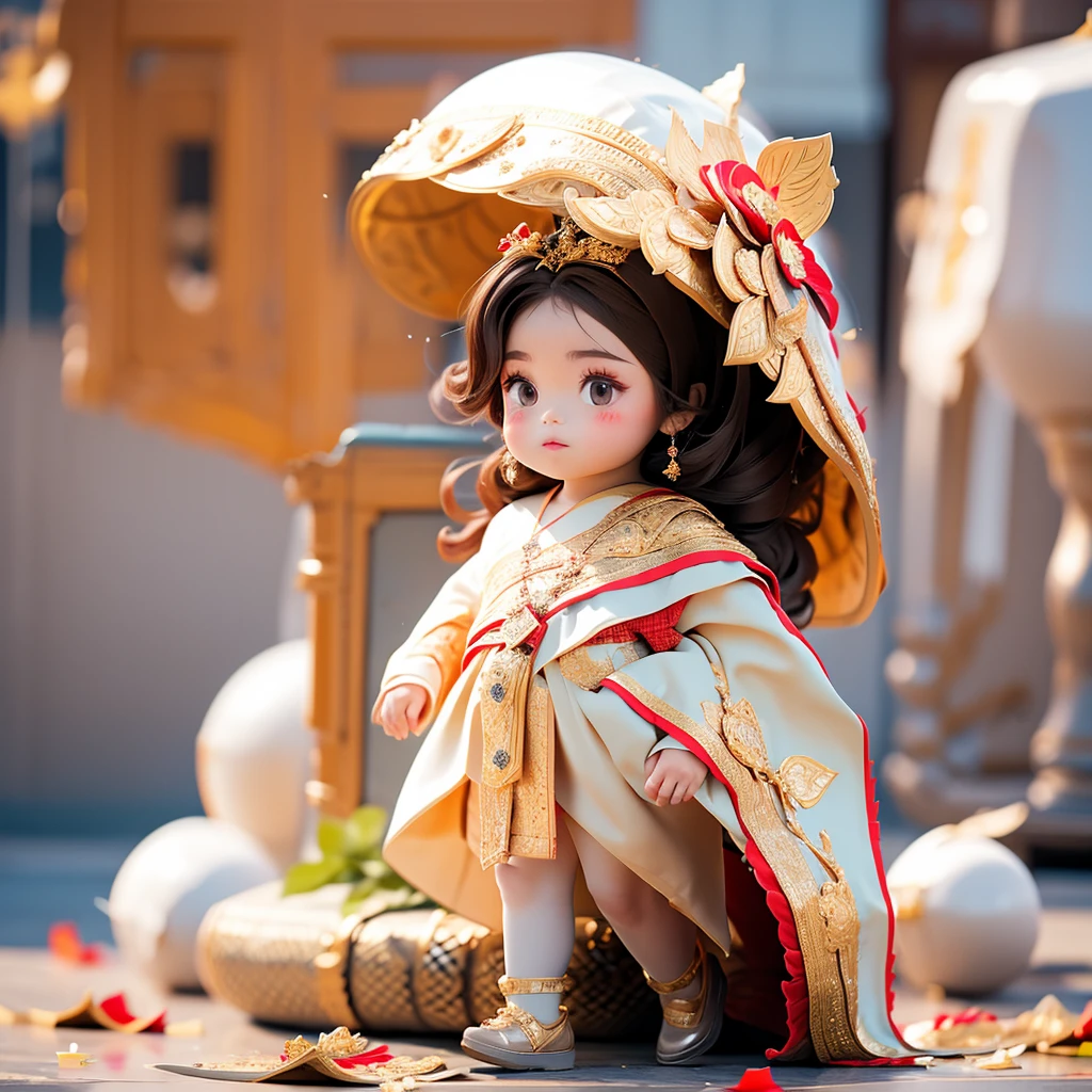 Fat girl, black hair, black eyes Wear a red traditional Thai dress with gold lace pattern. 