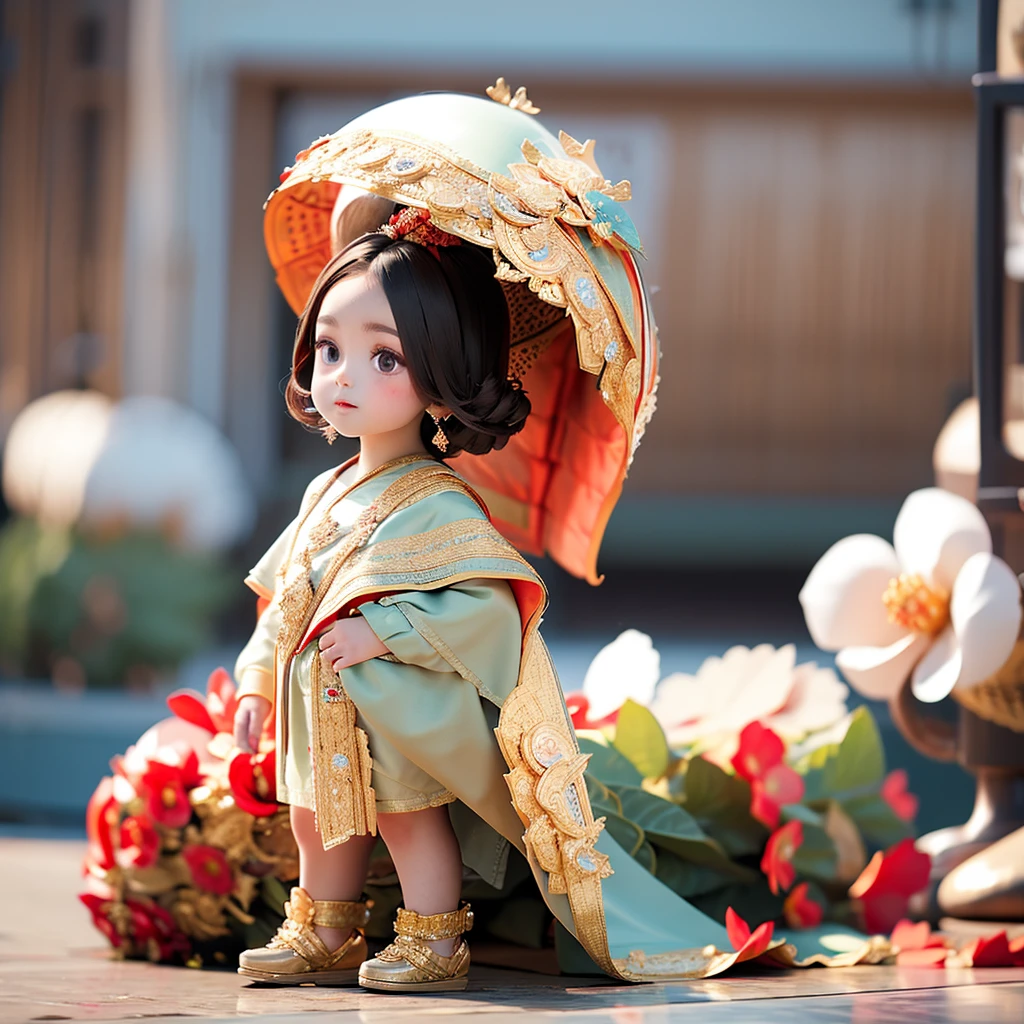 Fat girl, black hair, black eyes Wear a red traditional Thai dress with gold lace pattern. 