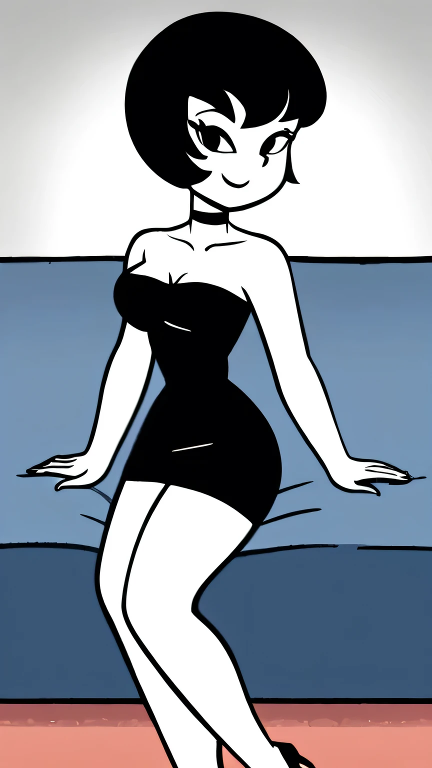 Jucika, digital media, black eyes, black hair, short hair, flat color, flat graphic style, white skin, zPDXL, best quality, amazing quality, score 9, 1girl, collarbone, strapless black tube dress, black chocker, seductive smile, looking at viewers, black high heels, lying in bed, cowboy shot