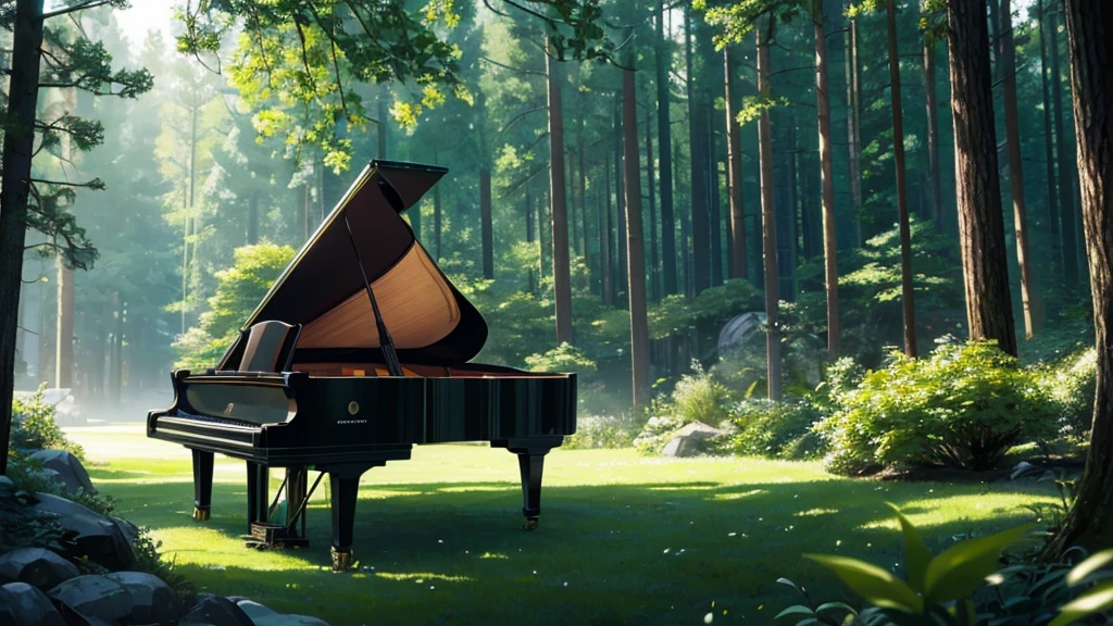 青い紅葉のwoodの下置かれた黒いグランドピアノ、wood々の間からwood漏れ日がキラキラしている、Makoto Shinkai-style anime touch、Deep green forest、1 grand piano