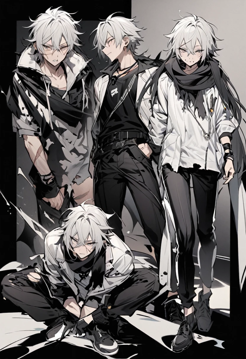 
- **Gender**: Male
Physique:V-Taper
#### Appearance
- **Hair**: Black
- **Scarf**: Ragged, worn around the neck, possibly torn at the edges
- **Clothing**:
  - **Top**: Black and white jacket over a black and white shirt with a design
  - **Bottom**: Black pants and Black Shoes 
- **Distinguishing Feature**: A prominent scar on the face