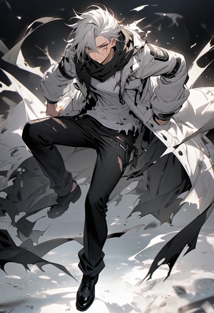 - **Gender**: Male
Physique:V-Taper
#### Appearance
- **Hair**: Black
- **Scarf**: Ragged, worn around the neck, possibly torn at the edges
- **Clothing**:
- **Top**: Black and white jacket over a black and white shirt with a design
- **Bottom**: Black pants and Black Shoes
- **Distinguishing Feature**: A prominent scar on the face