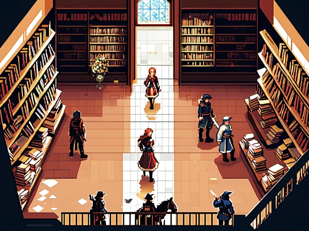masterpiece, [thin outline],
BREAK,
inside the huge book store, indoor,
BREAK,
(RPG maker style top down view), pixel art