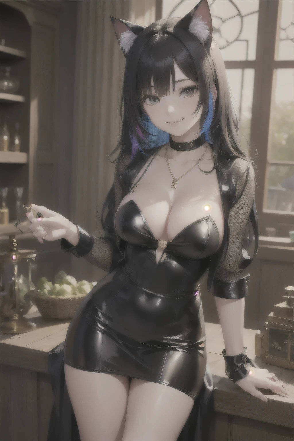 One girl, Multicolored Hair, (Black hair and gold mesh, Cat ear, Black Leather Dress,Fine grain,necklace in cleavage、Fantasy Night View、looking at the camera、An inviting smile、highest quality、masterpiece