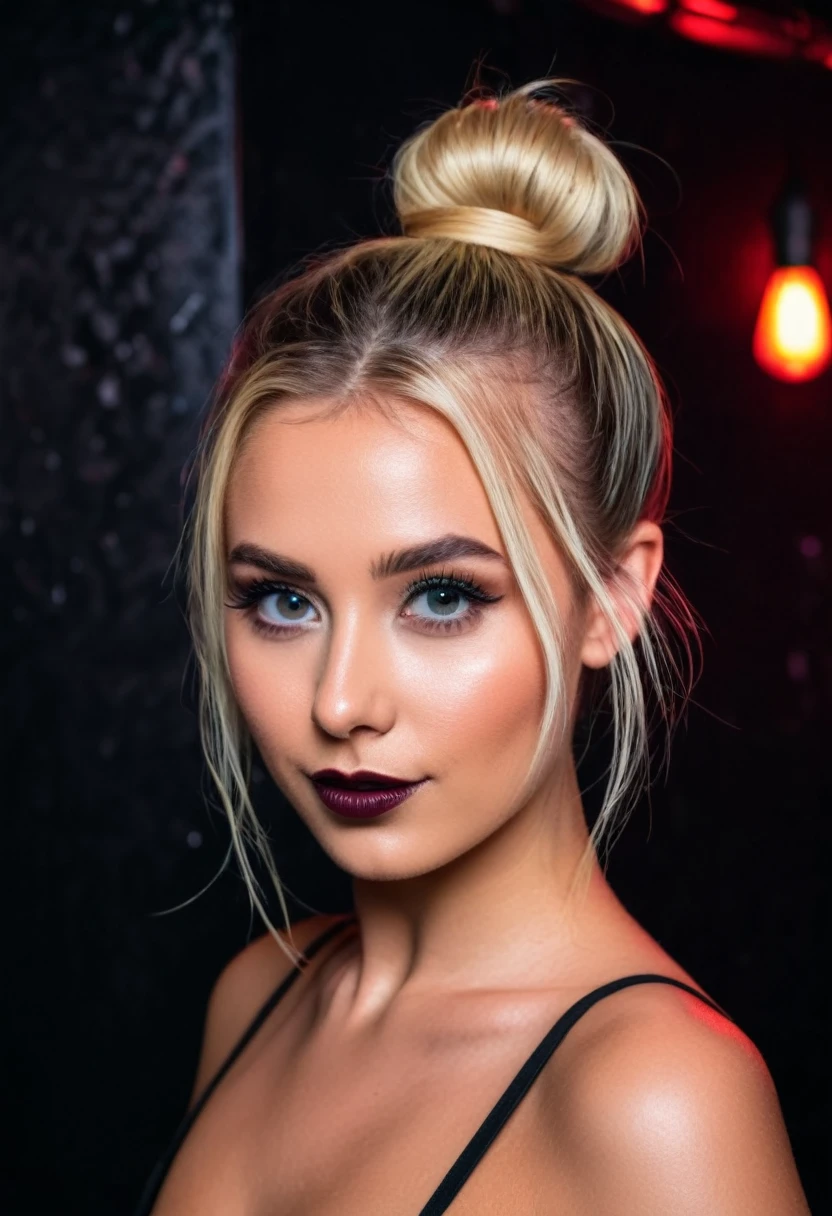 an eye contact of a blond with bun hair and dark theme , location: party club, party background, vibrant Vibe