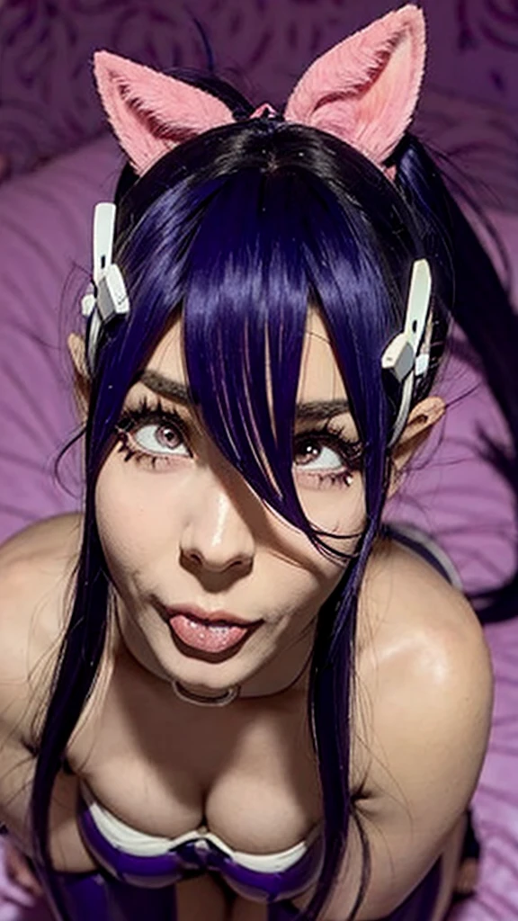 20 year old anime woman, purple hair, purple eyes, thin waist, outfit is tight latex catsuit and shows off her physique. Thigh gap, perfect ass, round ass, athletic physique. Drool. (4k) (High definition) (Ultra high resol)A beautiful woman with her nouth wide open , she has drool falling out of her mouth and going all over ger hands, thered strands of saliva linking her fingers. Shes doing the ahegao face, pigtails, bangs, cute outfit, orgasm face, absolute pleasure,