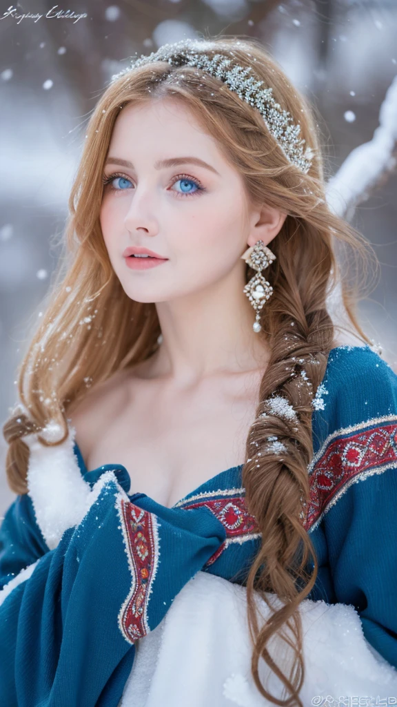 Beautiful girl, blue eyes, long curly white hair witg, detailed facial traits, beautiful earrings, national turkic female dress, naked breasts, yurta behind, it's snowing, sexy pose